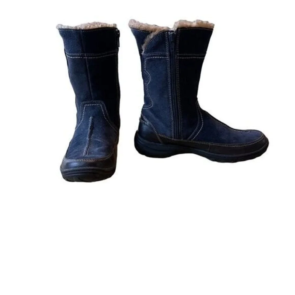 Navy Blue Suede Mid-Calf Winter Boots Faux Fur Lined Zipper‎ Detail Womens